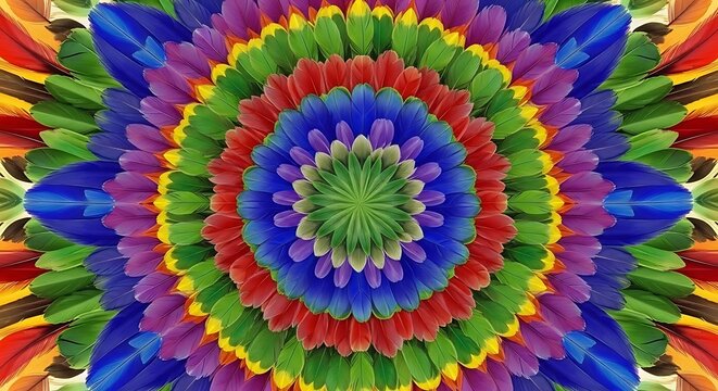Vibrant mandala pattern made of colorful parrot feathers