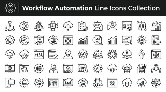 Workflow automation line icons collection set of thin line icons for business process, artificial intelligence, cloud computing, data analysis, and software development