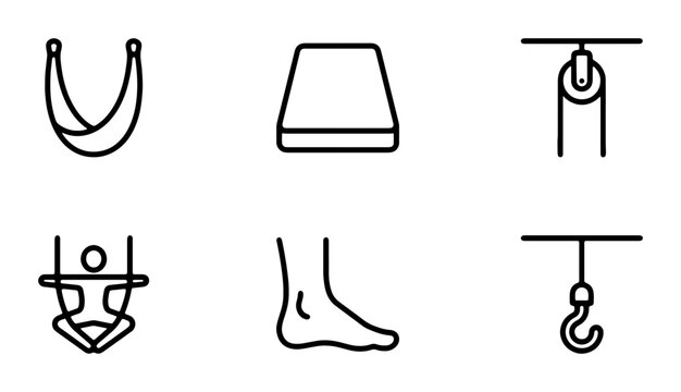 Physics and Mechanics Icons: Pulley, Hook, Scale, Foot, Hammock, Swing Set Vector Graphics