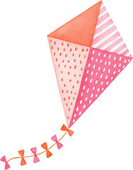 Obraz premium Watercolor pink flying kite with bows on the tail isolated on transparent background.