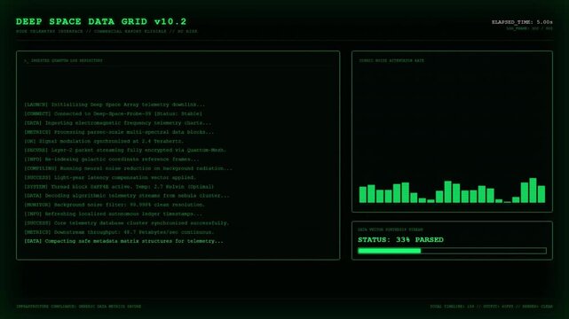 Futuristic Deep Space Data Grid Node Telemetry Interface Cosmic Noise Attenuator Green UI Dashboard Screen Display.