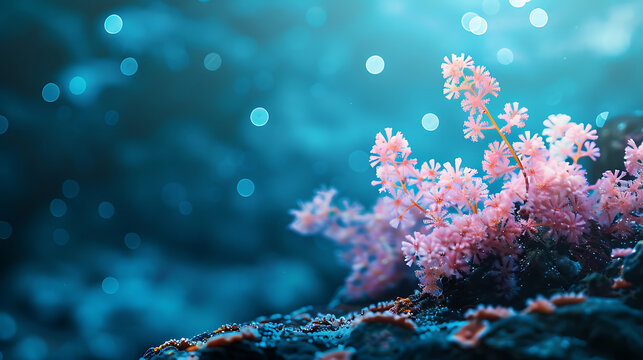 Vibrant pink coral reef macro with blue ocean bokeh background template for marine biology ecology promotion
