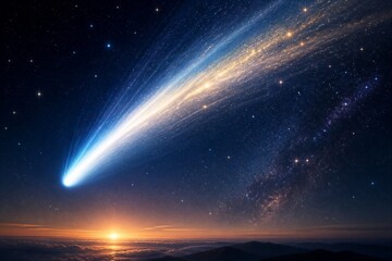 Obraz premium Comet streaking across starry sky above sunrise horizon