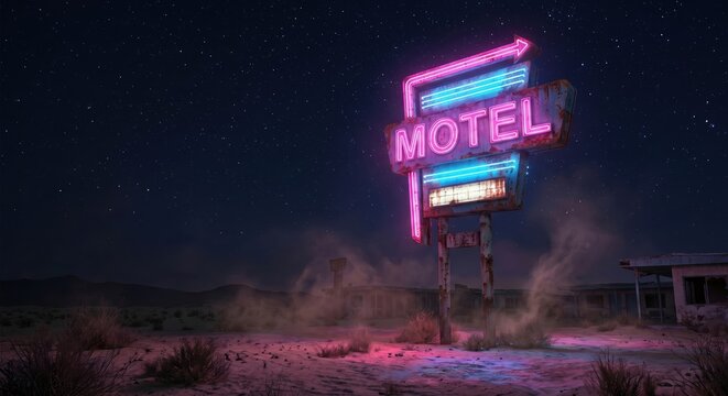Neon motel sign in the desert night