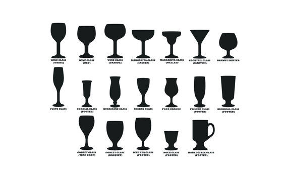 Bar Glassware Silhouette Icon Vector Set. A collection of various bar glassware silhouettes icons for menu or pub design.