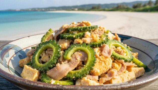 Traditional Okinawan goya chanpuru stir fry dish with bitter melon egg and tofu served on beautiful beach background