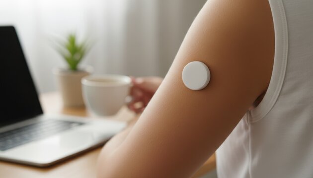 Woman wearing continuous glucose monitor on arm while working at laptop with coffee cup in office