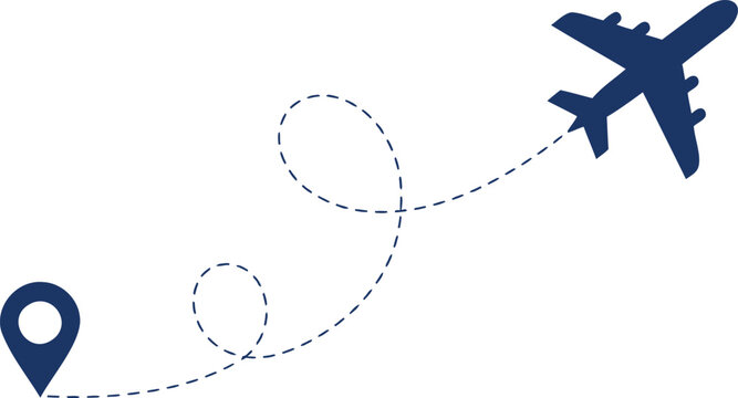 Airplane flight path with location pin in blue