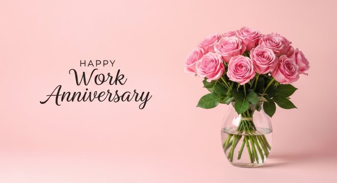 Pink roses in a vase with happy work anniversary text