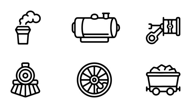 Steam Engine Icons, Vintage Train Elements, Industrial Machine Parts, Retro Transportation Graphics