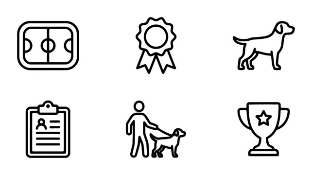 Dog Training & Competition Icons: Agility Field, Award Ribbon, Dog Silhouette, Clipboard, Handler, Trophy