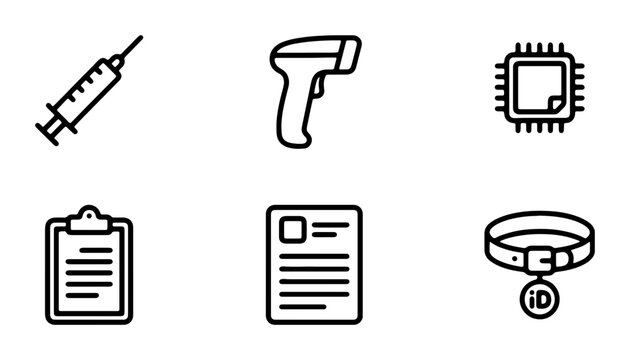Medical and Tech Icons: Syringe, Scanner, Chip, Clipboard, Document, Pet ID Tag