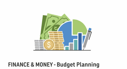 Fototapeta premium Financial planning graphic with stacked coins, bills, charts, and pen