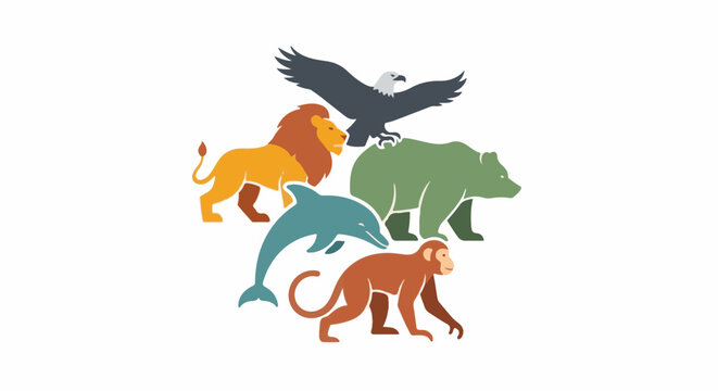 Five diverse animals in a stylized, flat illustration on a white background