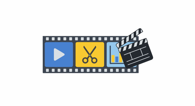 Film strip with play, cut, and chart icons, plus clapperboard