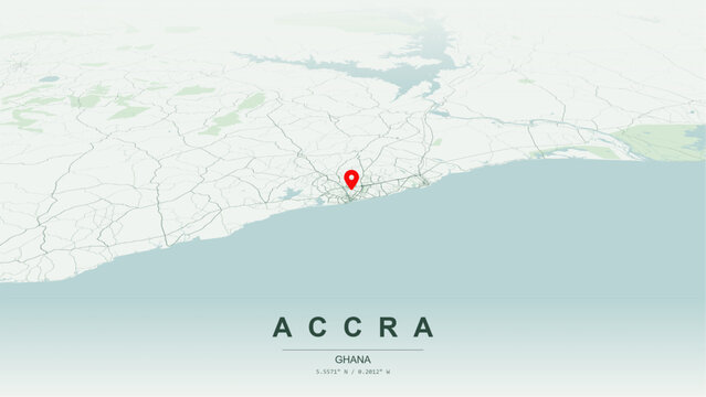 Modern minimalist vector map of Accra, Ghana. High-quality scalable illustration of Accra city grid, historic Jamestown and Osu layouts, Korle Lagoon waterfront for posters and design.