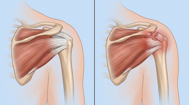Medical illustration comparing healthy shoulder anatomy with a torn and inflamed rotator cuff tendon showing joint damage
