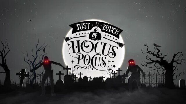 Hocus Pocus Halloween Typography Design with Spooky Haunted Cemetery Background