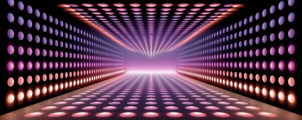 Fototapeta premium Futuristic symmetrical light tunnel with neon dots and glowing disco floor for digital stage