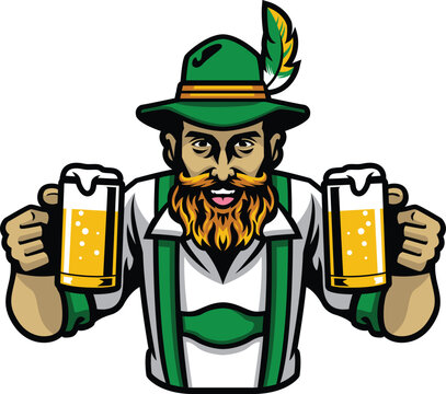 A bold cartoon mascot illustration of a bearded Bavarian man cheerfully holding up two foaming mugs of beer.