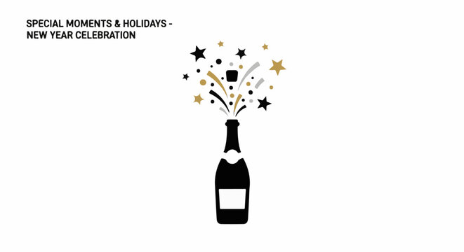 Festive champagne bottle with exploding confetti and stars for celebration