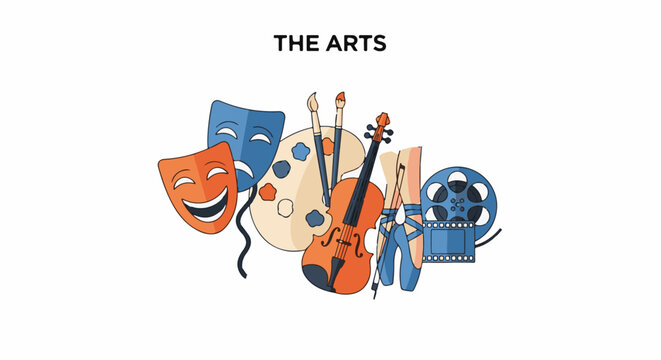 Diverse performing and visual arts objects masks, violin, paint palette, ballet shoes, film reel