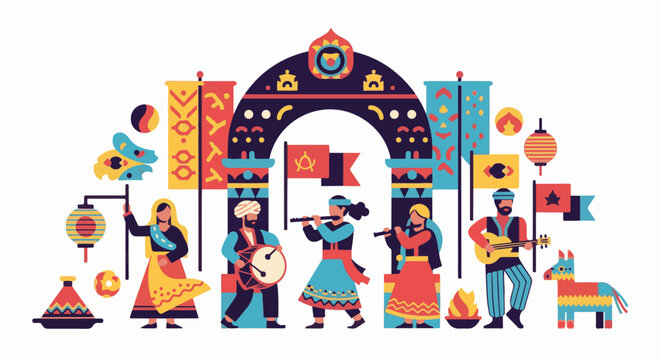 Festive cultural procession with musicians, dancers, and decorations