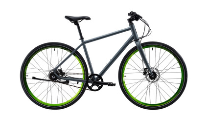 Gray urban bicycle with bright green wheel rims and disc brakes © Luca
