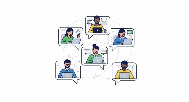 Diverse group of people collaborating online in virtual chat bubbles