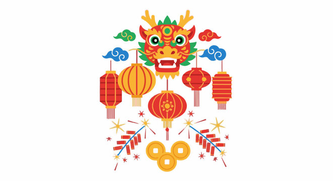Festive dragon with lanterns, firecrackers, and coins