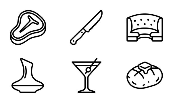 Fine Dining Icons: Steak, Cocktail, Decanter, Bread, Knife, Chair Vector Set