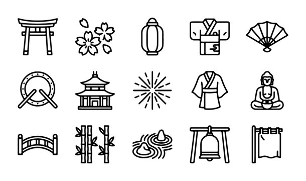 Japanese Culture Icons Set: Torii Gate, Kimono, Lantern, Cherry Blossoms, Buddha, Pagoda, Drum