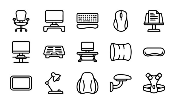 Ergonomic Office Gear Icons: Desk Chair, Monitor Stand, Keyboard, Mouse, Lamp, Lumbar Support, 15 Vector Elements