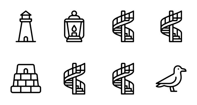 Nautical Icons: Lighthouse, Lantern, Spiral Stairs, Seagull, Stone Structure, Vector Set