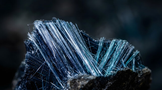 Macro Close Up of Blue Fibrous Crystal Mineral Formation Rare Geological Specimen