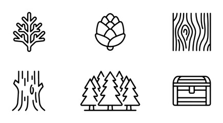 Forest Icons Set: Pine Tree, Wood Grain, Trunk, Chest, Nature Elements, Vector Graphics © Towhid