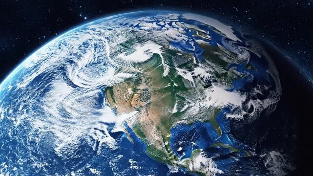 Rotating earth view from space showing continents and clouds