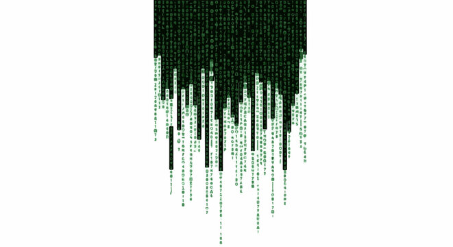Digital rain of green numbers and characters on a white background