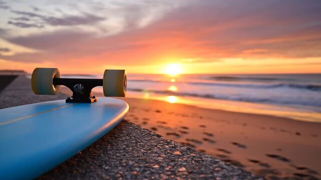 Blue longboard resting on a stone ledge at the beach during a vibrant sunset