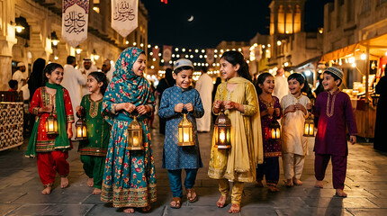 Children in traditional clothing carrying lanterns celebrating Ramadan in a bustling marketplace