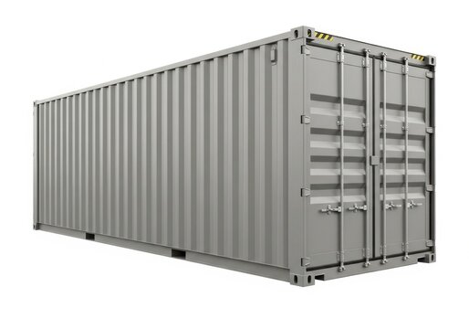 Standard grey shipping container with corner castings isolated on white background