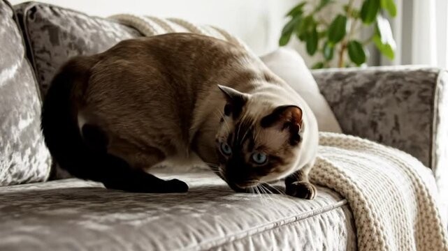 Graceful Siamese Cat with Blue Eyes in a Cozy Interior Preparing to Pounce on a Comfortable Couch
