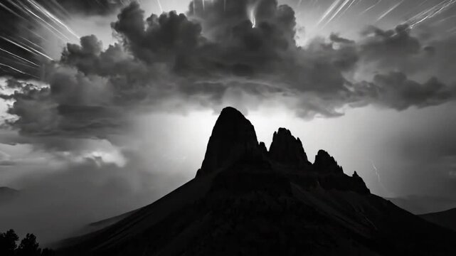 Epic Black and White Thunderstorm with Lightning Strikes Over Majestic Mountain Peaks, Dramatic Weather