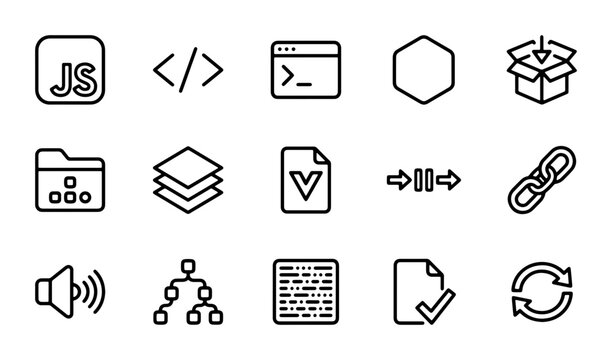 Coding and Development Icons: JavaScript, Code, Terminal, Hexagon, Package, Folder, Layers, File, Link, Audio, Network, Data, Checkmark, Refresh