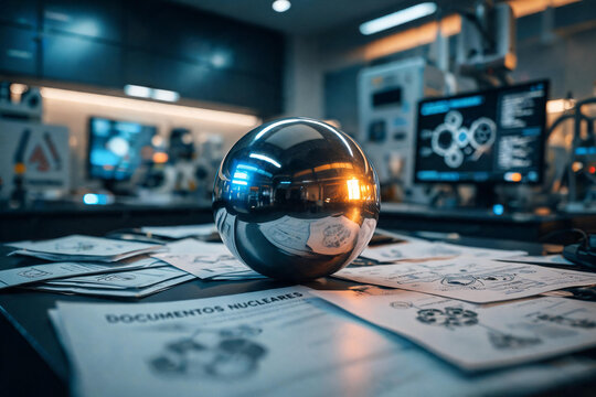 Esfera met&aacute;lica cromada sobre planos y documentos nucleares en un laboratorio cient&iacute;fico moderno. Concepto de energ&iacute;a nuclear, investigaci&oacute;n f&iacute;sica, ingenier&iacute;a y tecnolog&iacute;a.