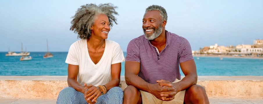 Mature smiling couple enjoying a seaside moment together on vacation by the water
