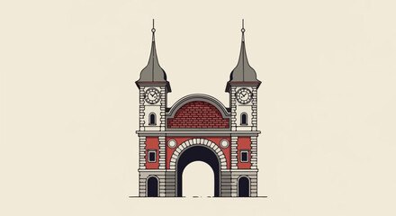 Obraz premium A symmetrical red and grey stone archway with twin clock towers and spires
