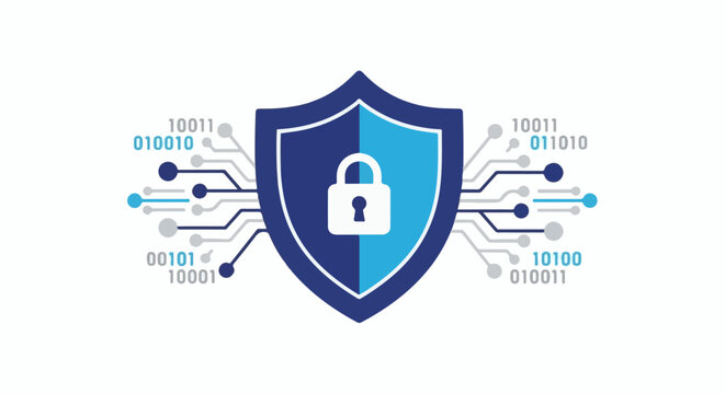 Digital shield with lock symbol and binary code connections