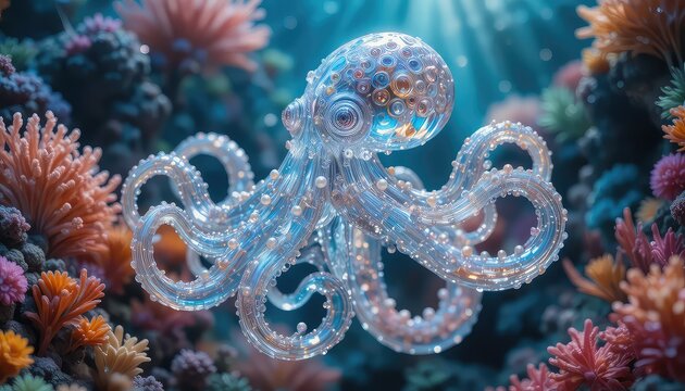 crystal octopus with intricate glass tentacles decorated with tiny pearl spheres, drifting through a luminous underwater garden, vibrant coral landscape,