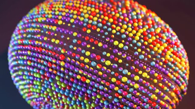 Close-up glossy multicolored beaded sphere ornament on dark gradient studio backdrop with soft rim highlights